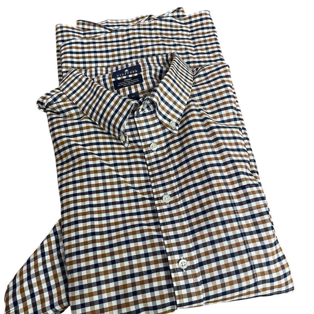 Stafford travel wrinkle free Men's Checkered Shirt - Brown and White sz 22